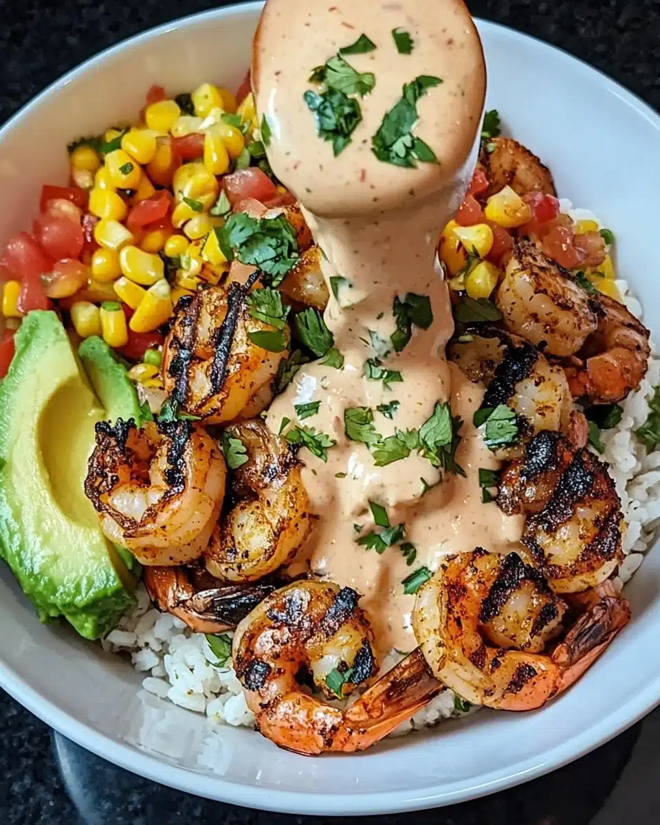 Grilled Shrimp Bowl with Avocado, Corn Salsa & Creamy Sauce