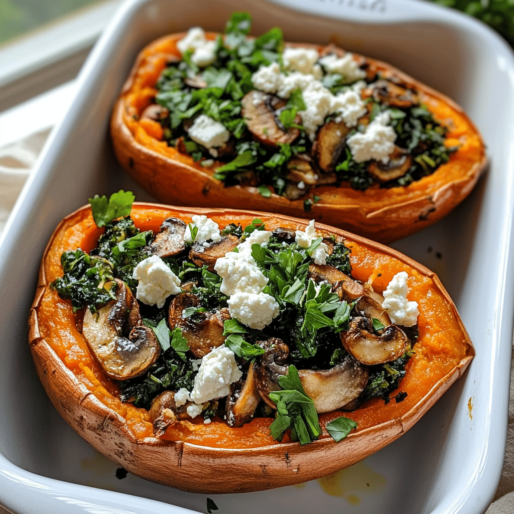Stuffed Sweet Potatoes with Spinach, Mushroom, Feta, and Rosemary