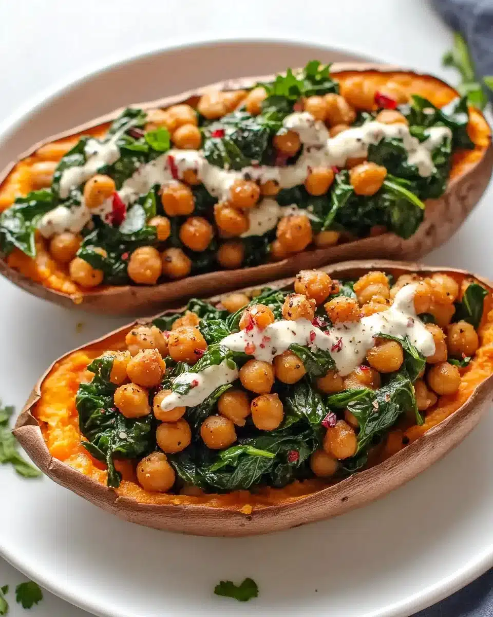 Chickpea Spinach Stuffed Sweet Potatoes