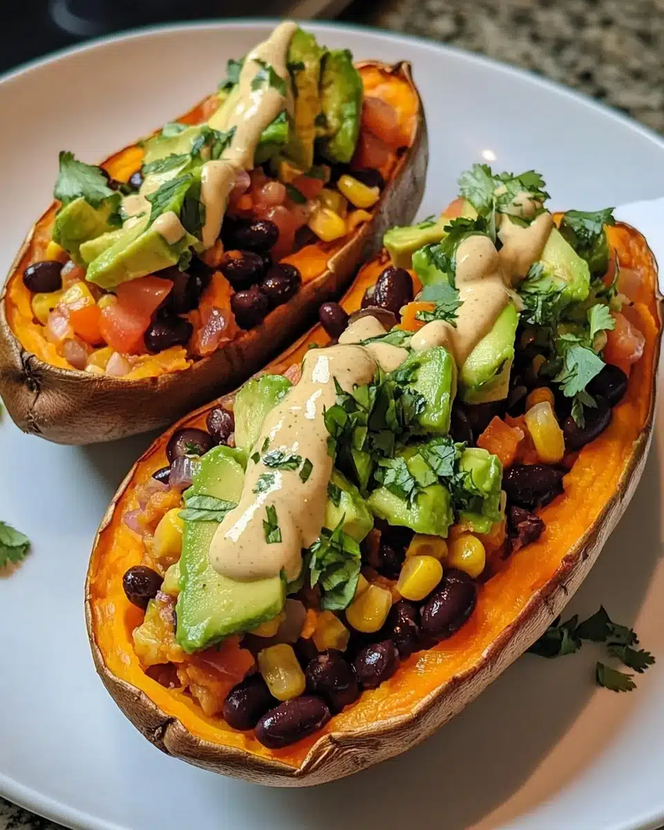 Stuffed Sweet Potato with Avocado, Black Beans & Cilantro Lime Crema