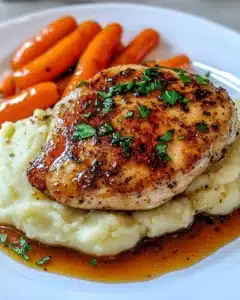 GARLIC HERB CHICKEN WITH MASHED POTATOES AND GLAZED CARROTS