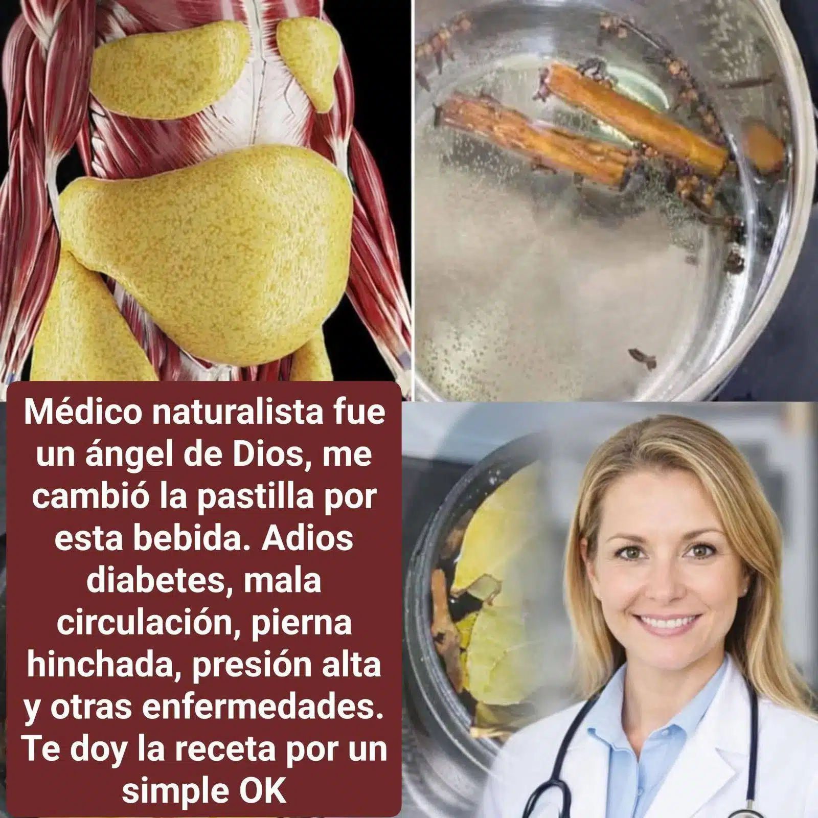 Médico naturalista fue un ángel de Dios, me cambió la pastilla por esta bebida. Adios diabetes, mala circulación, pierna hinchada, presión alta y otras enfermedades. Te doy la receta por un simple.....ver mas