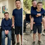 Niño lleva a amigo en silla de ruedas