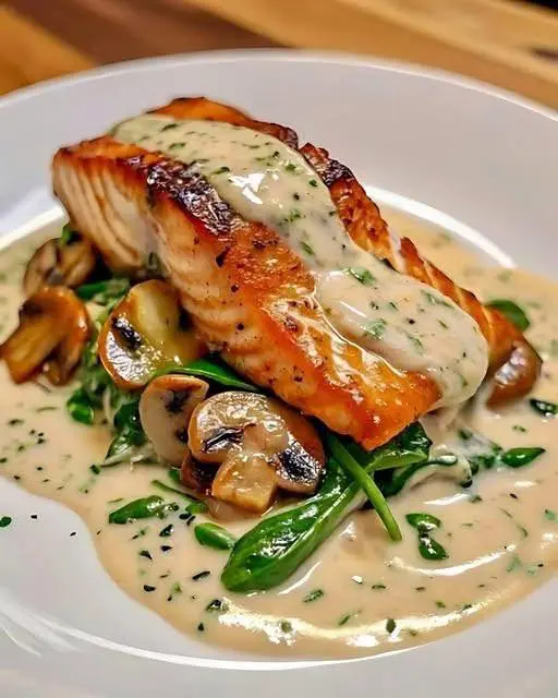 Salmón en Salsa Cremosa con Espinacas y Champiñones