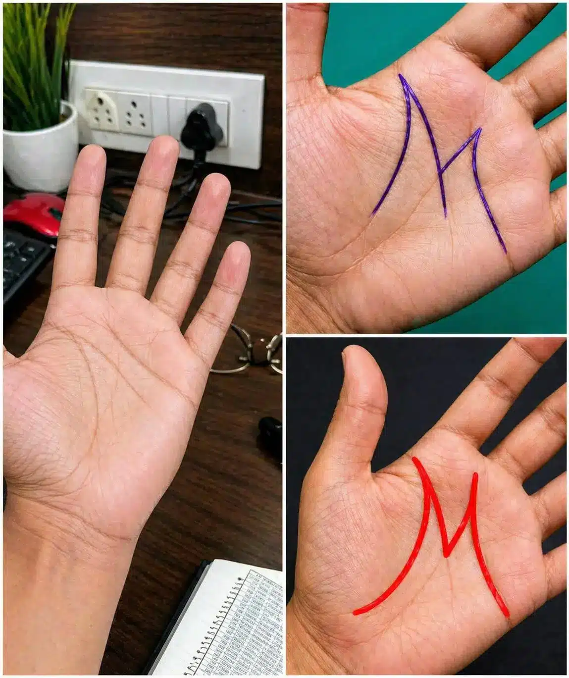 Mano con la letra M formada por las líneas de la palma, mostrando la intersección de las líneas del corazón, cabeza y vida.
