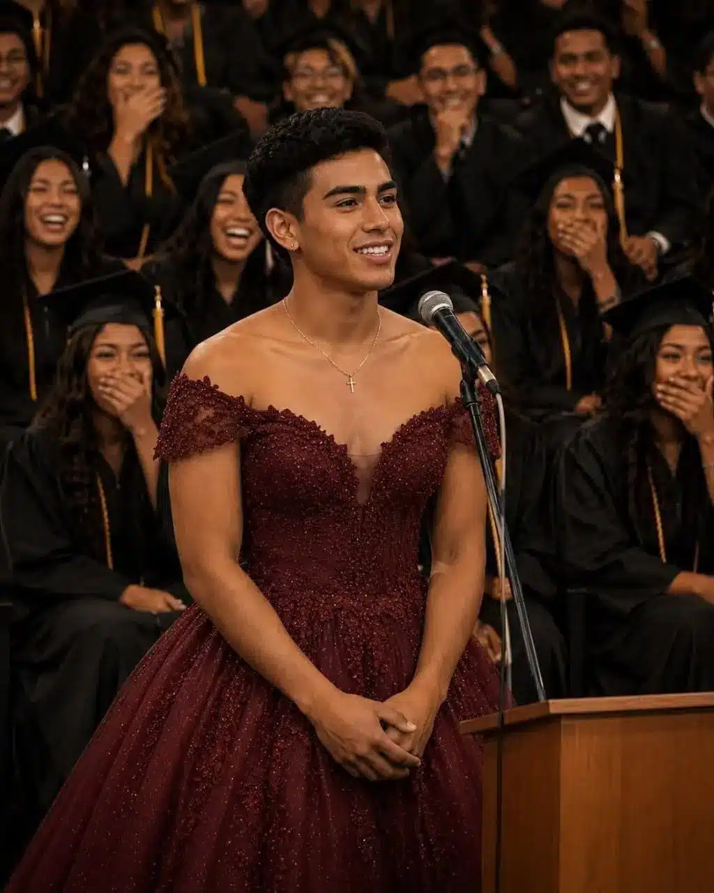 Hijo sorprende a todos graduándose en vestido